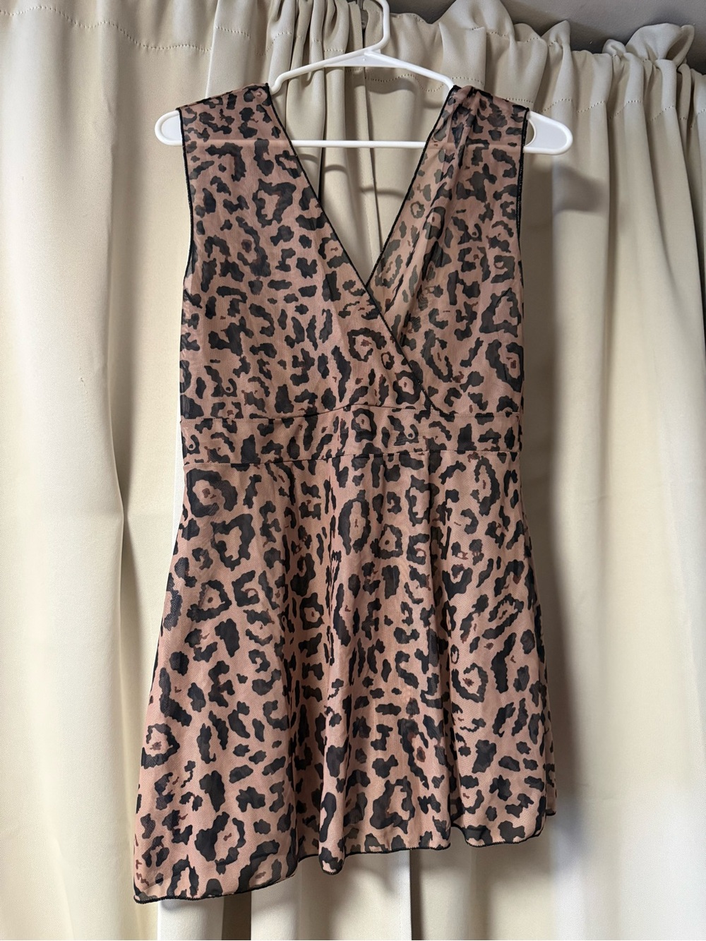 Mesh V-Neck Leopard Print Swim Cover up Dress - Brown & Black